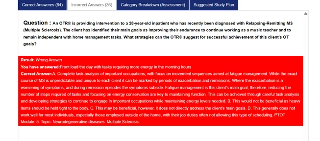 Detailed answer review showing correct and incorrect answers with rationales